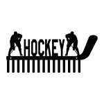 Black metal wall rack with the word 'HOCKEY' in bold letters, flanked by a silhouette figure of a hockey player. A large hockey stick extends seamlessly into the design. Below the word are evenly spaced hooks for hanging items. The entire piece is sleek and designed for functionality and style.